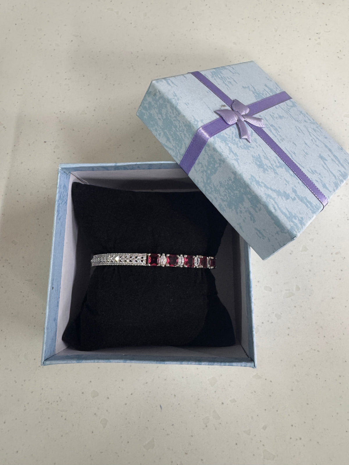 Rhodium-plated Ruby and white crystal Kada