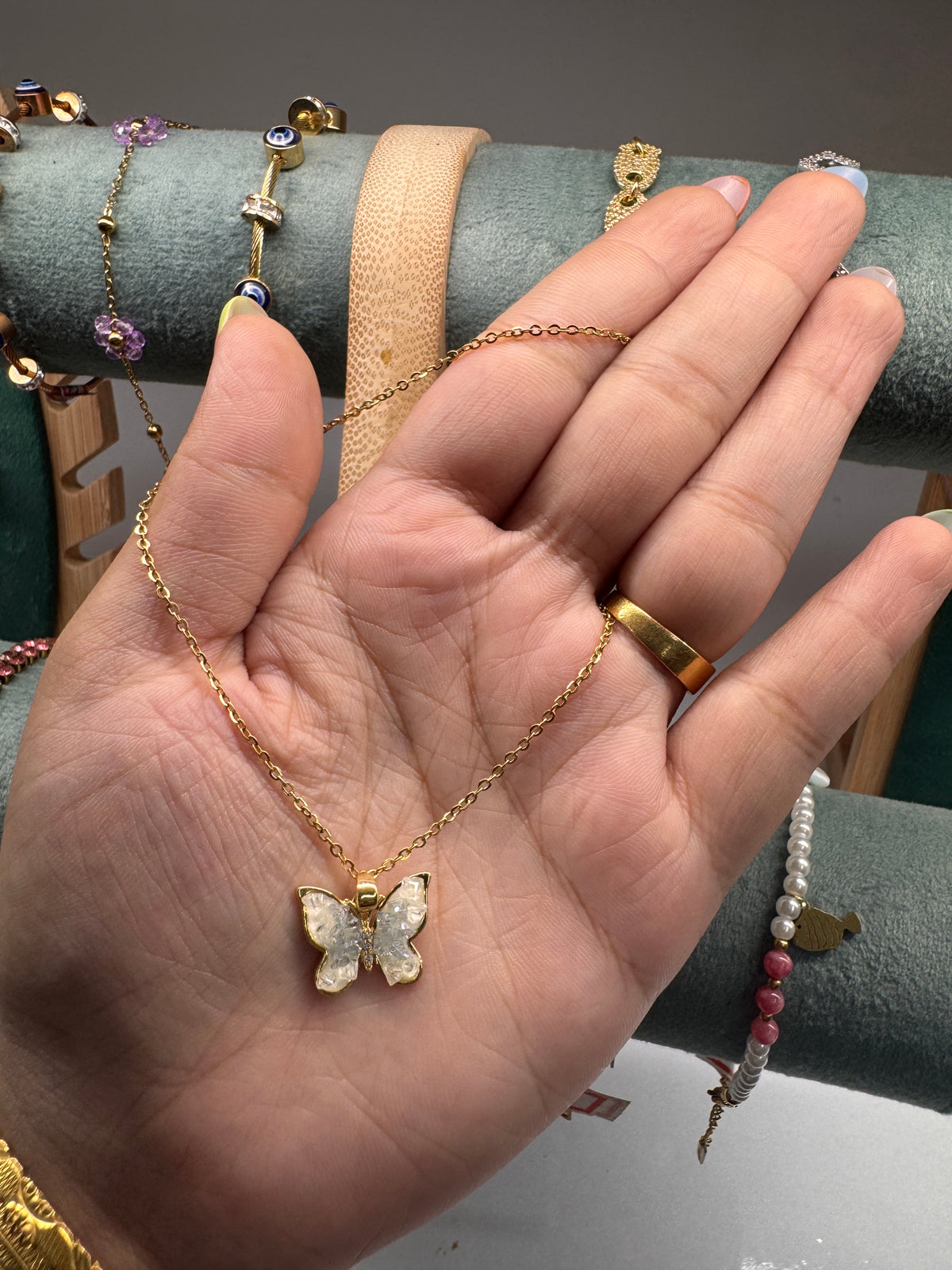 Gold-plated crystal butterfly pendant necklace