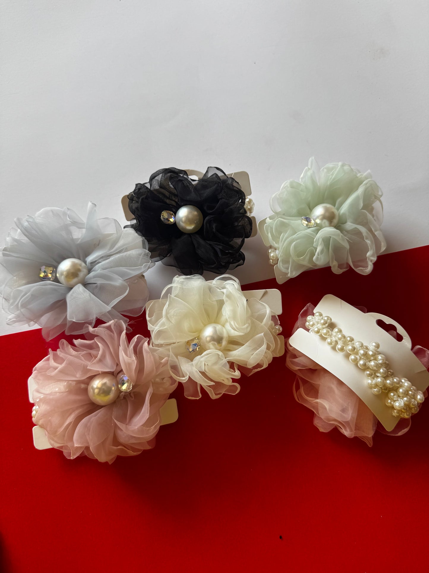 Organza flower pearl scrunchies