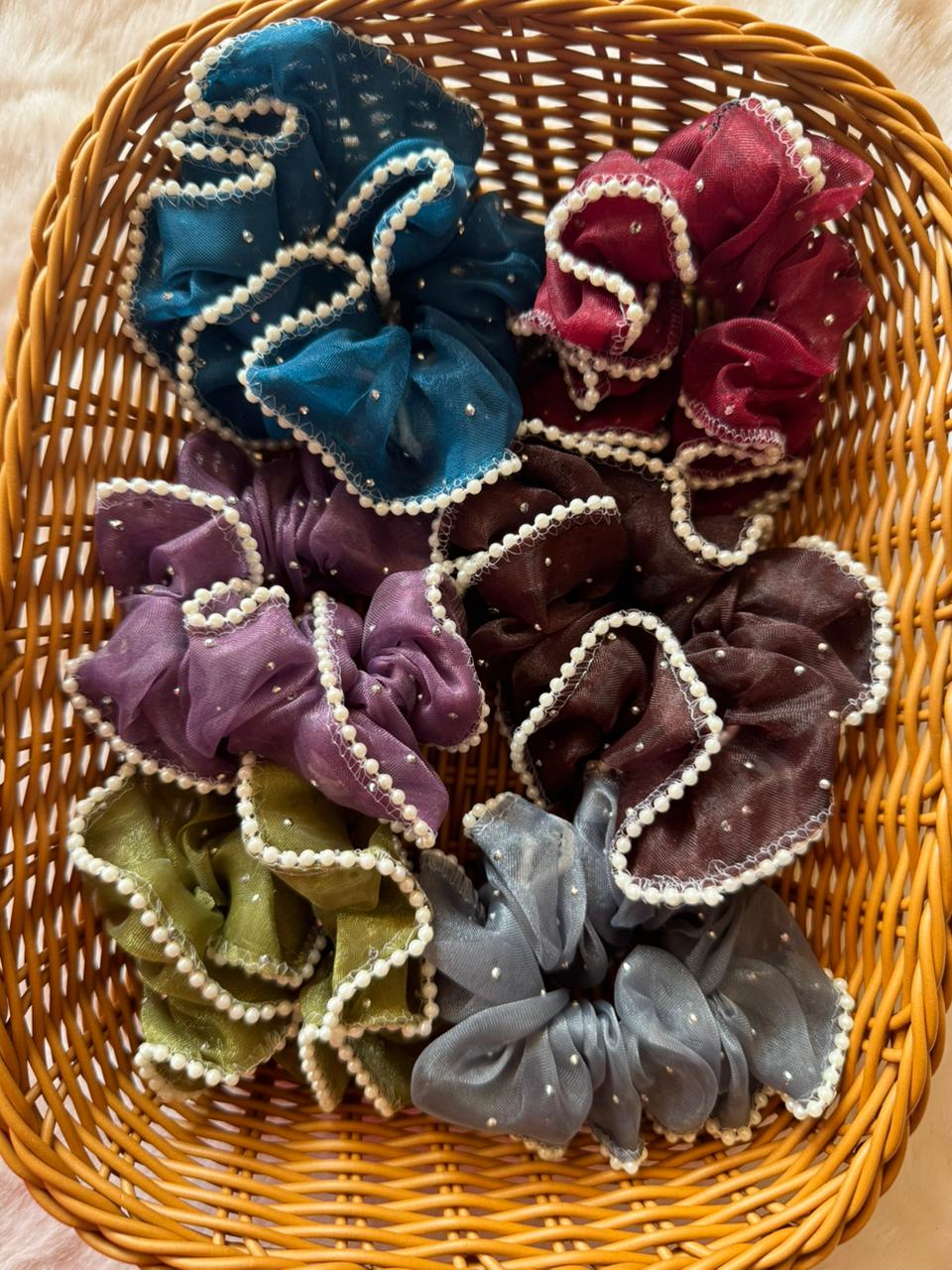 Organza pearl scrunchies