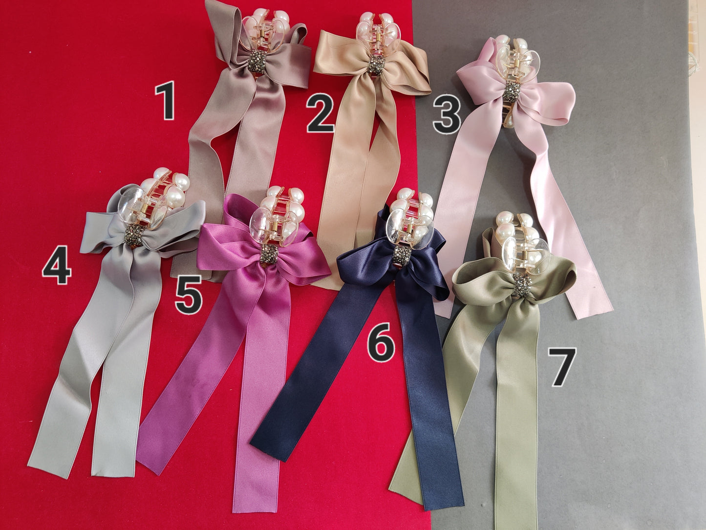 Pearl satin bow claw clips jumbo