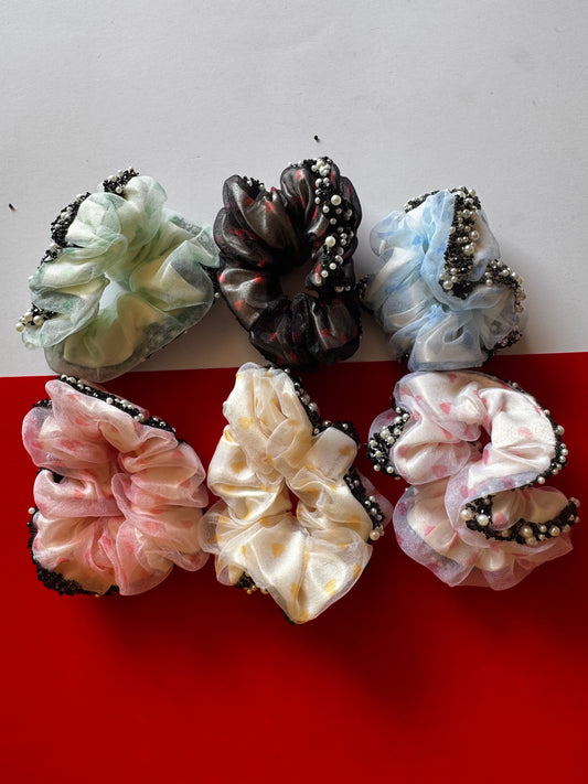Organza pearl scrunchies