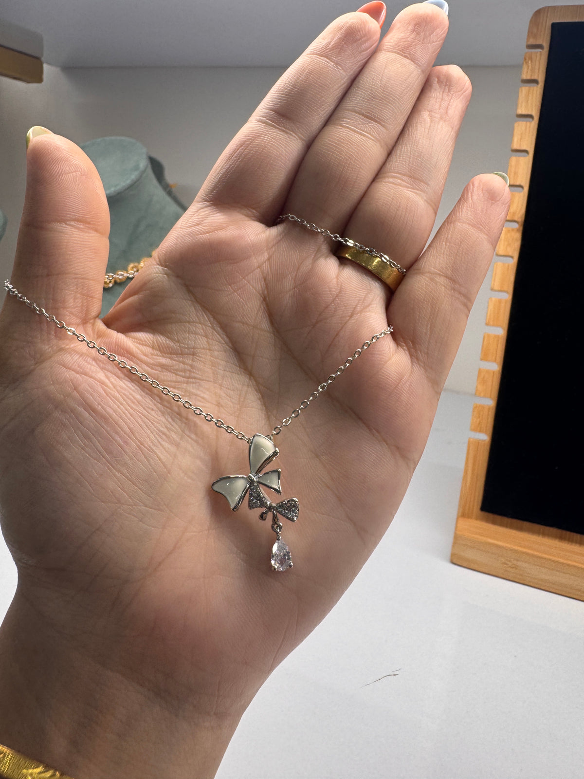 Silver crystal drop butterfly necklace