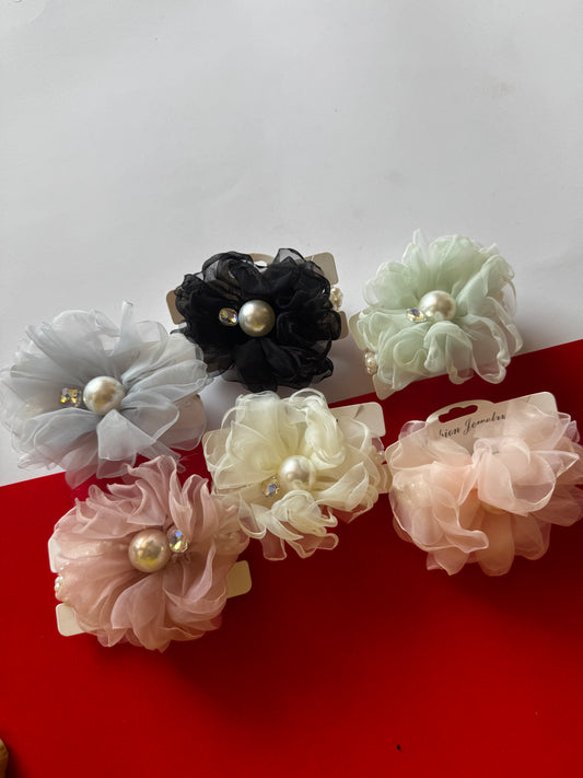 Organza flower pearl scrunchies