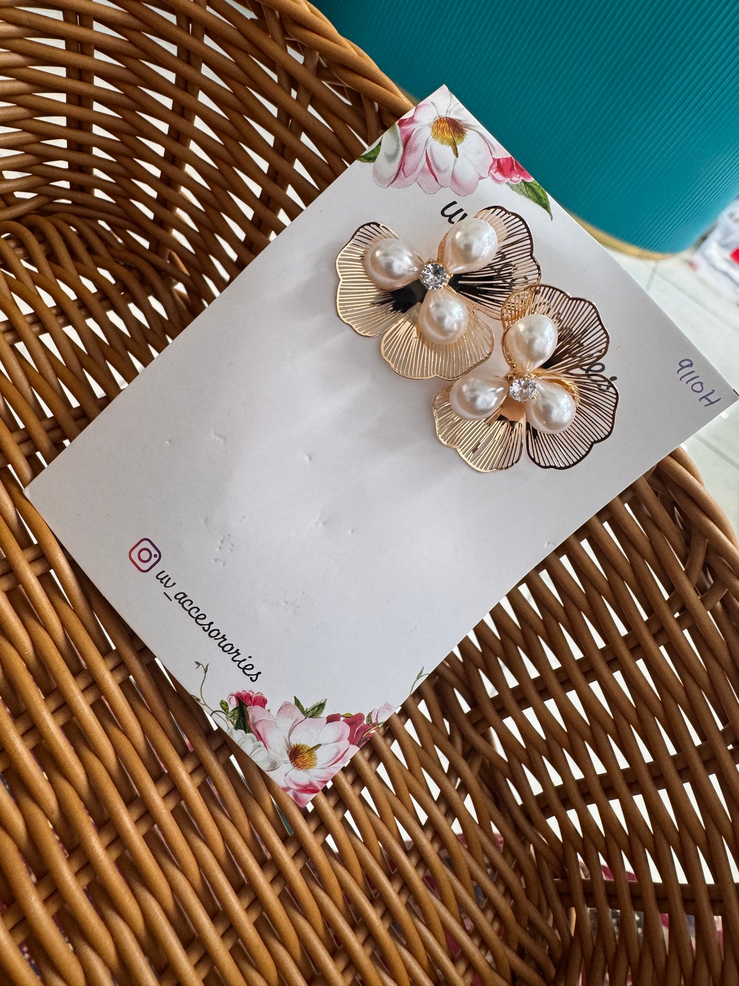 Golden pearl flower studs
