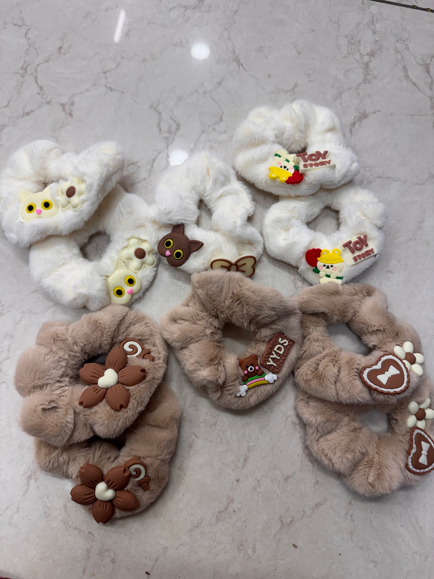 Charm fur scrunchies